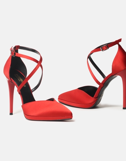 Εικόνα της Σατέν ψηλοτάκουνες γόβες Ελληνικής κατασκευής με χιαστί σχέδιο Κόκκινο