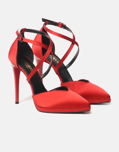 Εικόνα της Σατέν ψηλοτάκουνες γόβες Ελληνικής κατασκευής με χιαστί σχέδιο Κόκκινο