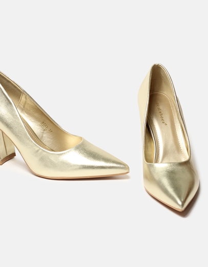 Εικόνα της Μυτερές μονόχρωμες γόβες με τετράγωνο τακούνι Χρυσό