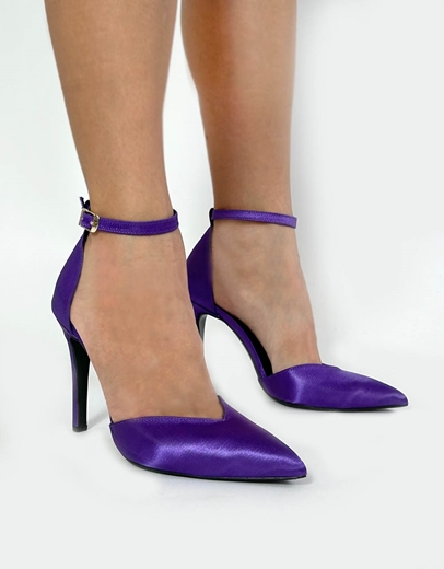 Εικόνα της Μυτερές ψηλοτάκουνες σατέν γόβες με μπαρέτα Ελληνικής κατασκευής Μωβ