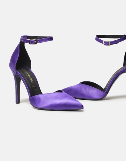 Εικόνα της Μυτερές ψηλοτάκουνες σατέν γόβες με μπαρέτα Ελληνικής κατασκευής Μωβ