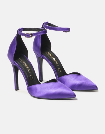 Εικόνα της Μυτερές ψηλοτάκουνες σατέν γόβες με μπαρέτα Ελληνικής κατασκευής Μωβ