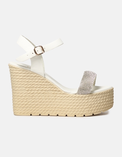 Εικόνα της Δερμάτινες πλατφόρμες Ελληνικής κατασκευής με λεπτομέρεια από strass Λευκό