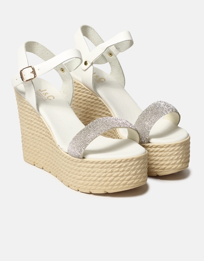 Εικόνα της Δερμάτινες πλατφόρμες Ελληνικής κατασκευής με λεπτομέρεια από strass Λευκό