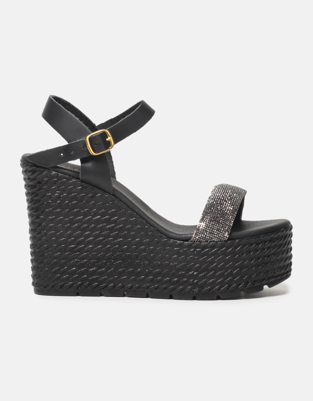 Εικόνα από Δερμάτινες πλατφόρμες Ελληνικής κατασκευής με λεπτομέρεια από strass Μαύρο