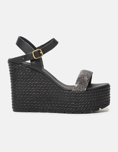 Εικόνα της Δερμάτινες πλατφόρμες Ελληνικής κατασκευής με λεπτομέρεια από strass Μαύρο