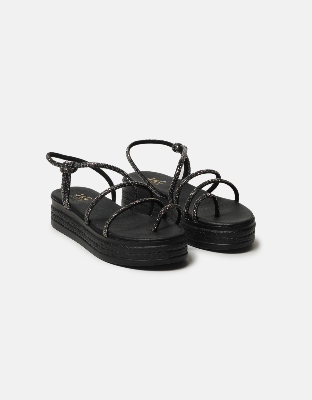 Εικόνα από Δερμάτινα σανδάλια flatforms Ελληνικής κατασκευής με strass Μαύρο