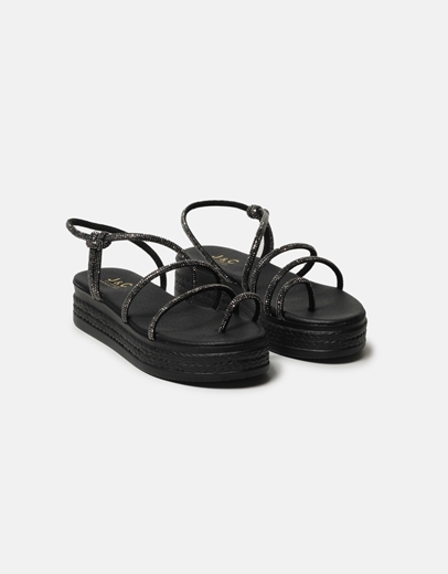 Εικόνα της Δερμάτινα σανδάλια flatforms Ελληνικής κατασκευής με strass Μαύρο
