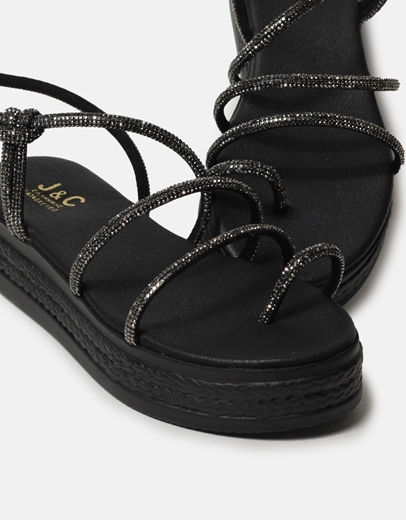 Εικόνα της Δερμάτινα σανδάλια flatforms Ελληνικής κατασκευής με strass Μαύρο