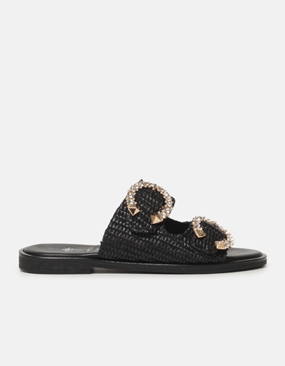 Εικόνα της Flat σανδάλια Ελληνικής κατασκευής με διακοσμητικά πετράδια Μαύρο