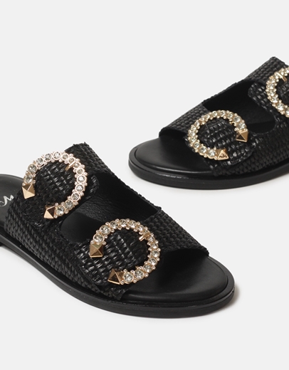 Εικόνα της Flat σανδάλια Ελληνικής κατασκευής με διακοσμητικά πετράδια Μαύρο