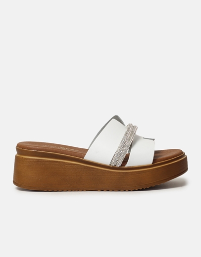 Εικόνα της Δερμάτινα σανδάλια Ελληνικής κατασκευής με λουράκια από strass Λευκό