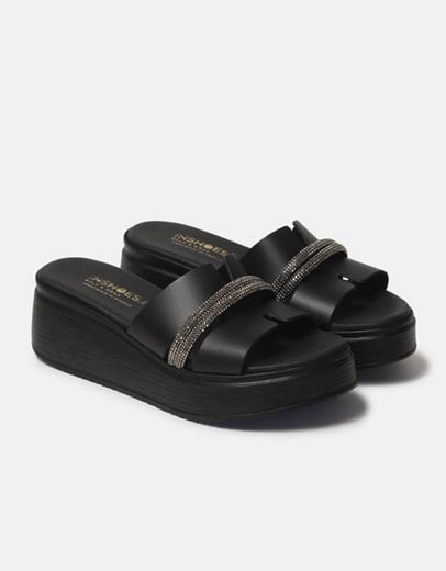 Εικόνα της Δερμάτινα σανδάλια Ελληνικής κατασκευής με λουράκια από strass Μαύρο