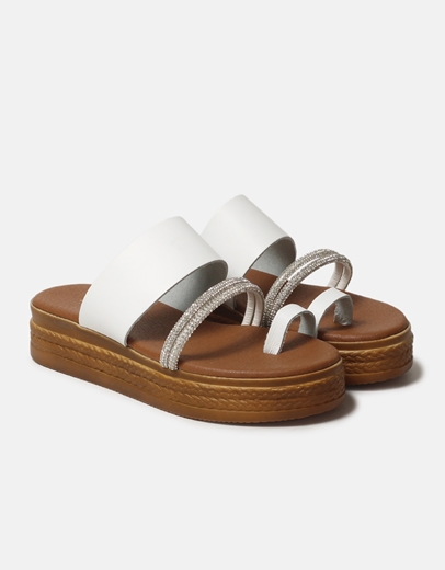 Εικόνα της Δερμάτινα flatforms Ελληνικής κατασκευής με strass Λευκό