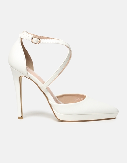 Εικόνα της Ψηλοτάκουνες μυτερές γόβες με χιαστί λουράκια Λευκό