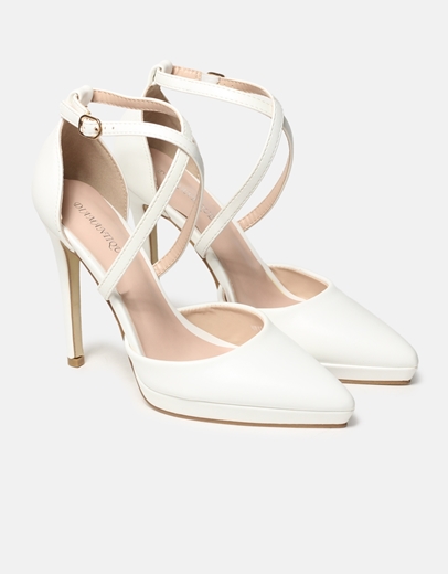 Εικόνα της Ψηλοτάκουνες μυτερές γόβες με χιαστί λουράκια Λευκό