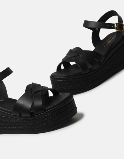 Εικόνα της Δερμάτινες πλατφόρμες Ελληνικής κατασκευής με σχέδιο πλέξης Μαύρο