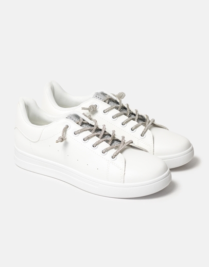 Εικόνα της Basic sneakers με κορδόνια από strass Λευκό/Ασημί