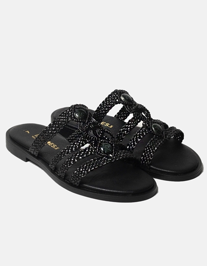 Εικόνα της Δερμάτινα σανδάλια Ελληνικής κατασκευής με σχέδιο πλέξης Μαύρο