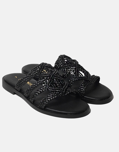 Εικόνα της Δερμάτινα σανδάλια Ελληνικής κατασκευής  με ιδιαίτερο σχέδιο πλέξης Μαύρο