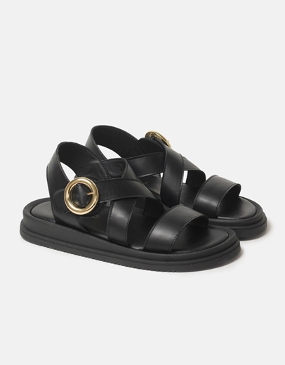 Εικόνα της Δερμάτινα σανδάλια Ελληνικής Κατασκευής με φαρδιά λουράκια Μαύρο