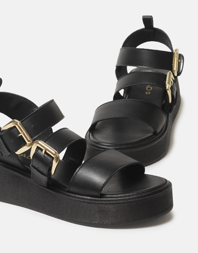 Εικόνα της Δερμάτινα σανδάλια flatforms Ελληνικής Κατασκευής με διπλό τοκά Μαύρο