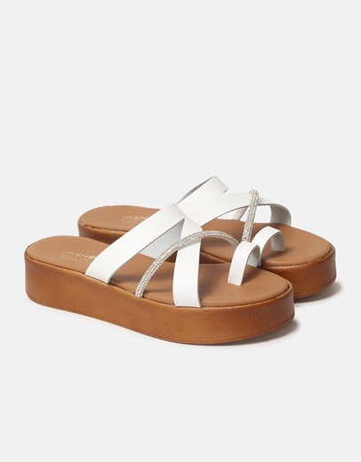 Εικόνα της Δερμάτινα flatforms Ελληνικής κατασκευής με λεπτομέρεια από strass Λευκό