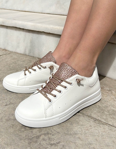 Εικόνα της Basic sneakers με κορδόνια από strass Λευκό/Σαμπανί