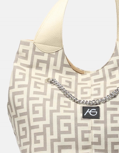 Εικόνα της Χειροποίητη τσάντα με μαίανδρο και αλυσίδα Άμμου/Μπεζ