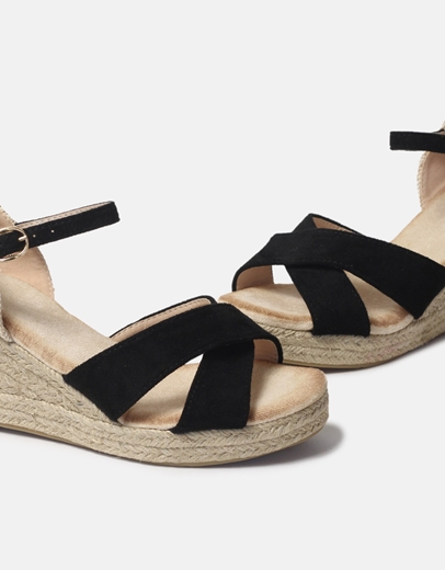 Εικόνα της Εσπαντρίγιες Εσπαντρίγιες peep toe Ελληνικής κατασκευής με μπαρέτα με μπαρέτα και χιαστί σχέδιο Μαύρο