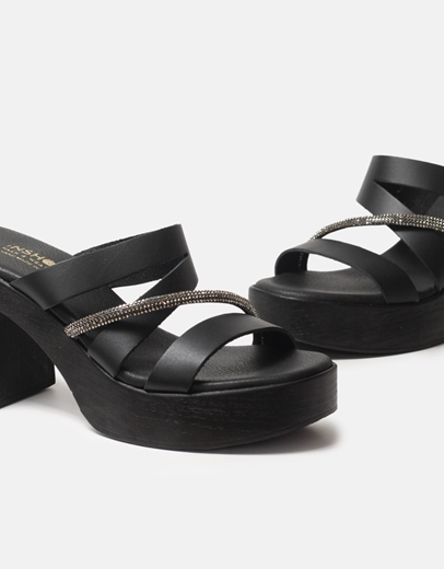 Εικόνα της Δερμάτινα mules Ελληνικής κατασκευής με τετράγωνο τακούνι Μαύρο