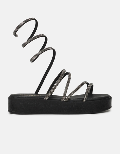 Εικόνα της Lace up flatforms Ελληνικής κατασκευής με strass Μαύρο