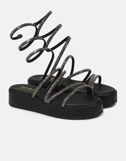 Εικόνα της Lace up flatforms Ελληνικής κατασκευής με strass Μαύρο