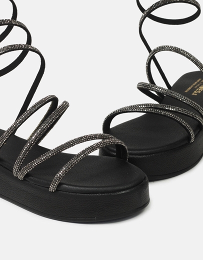 Εικόνα της Lace up flatforms Ελληνικής κατασκευής με strass Μαύρο