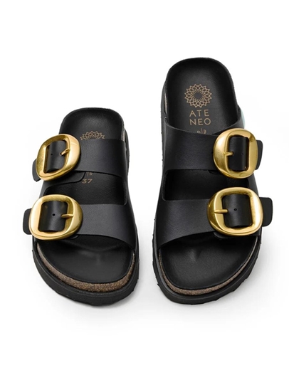 Εικόνα της Δερμάτινα σανδάλια Ελληνικής κατασκευής  με χρυσό τοκά Μαύρο