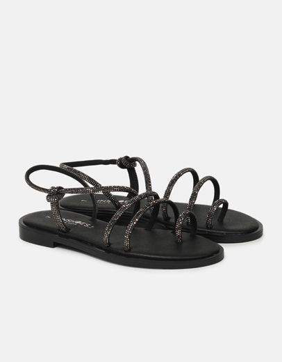 Εικόνα της Δερμάτινα σανδάλια Ελληνικής κατασκευής με λουράκια από strass Μαύρο