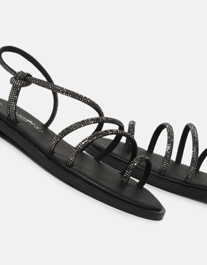 Εικόνα της Δερμάτινα σανδάλια Ελληνικής κατασκευής με λουράκια από strass Μαύρο