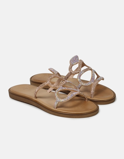 Εικόνα της Δερμάτινα flat σανδάλια Ελληνικής Κατασκευής διακοσμημένα με strass Χαλκός