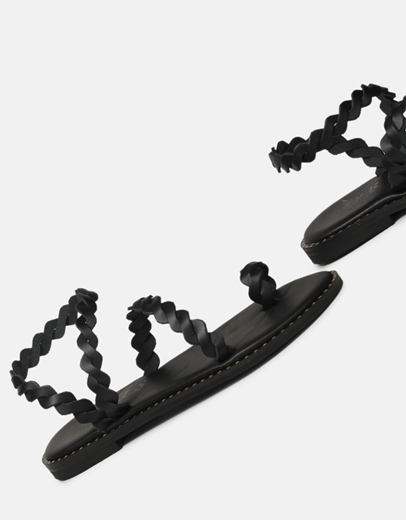 Εικόνα της Δερμάτινα flat σανδάλια Ελληνικής Κατασκευής με σχέδιο κοτσιδάκι Μαύρο