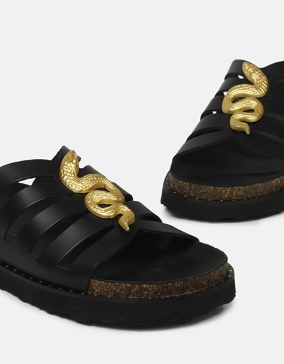 Εικόνα της Δερμάτινα σανδάλια Ελληνικής κατασκευής  με διακοσμητικό φίδι Μαύρο