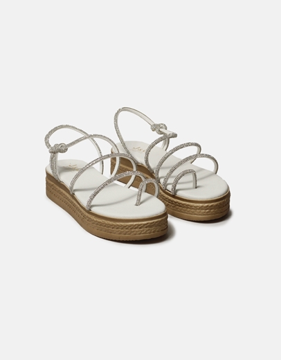 Εικόνα της Δερμάτινα σανδάλια flatforms Ελληνικής κατασκευής με strass Λευκό