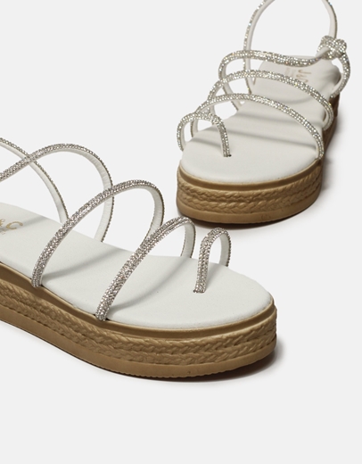 Εικόνα της Δερμάτινα σανδάλια flatforms Ελληνικής κατασκευής με strass Λευκό