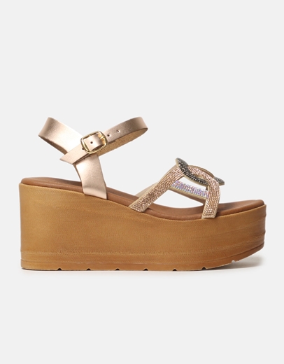 Εικόνα της Δερμάτινες πλατφόρμες Ελληνικής κατασκευής με μπαρέτα strass Χαλκός