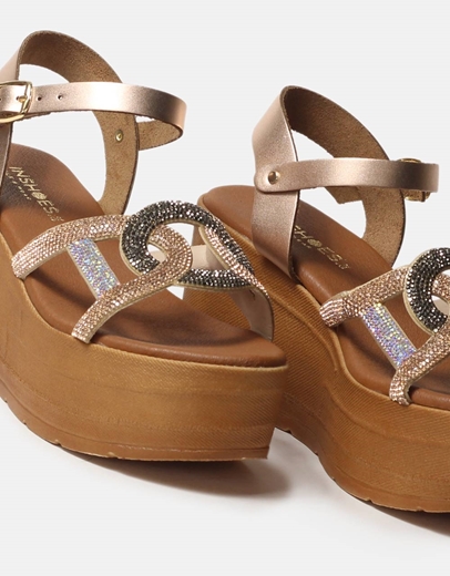 Εικόνα της Δερμάτινες πλατφόρμες Ελληνικής κατασκευής με μπαρέτα strass Χαλκός