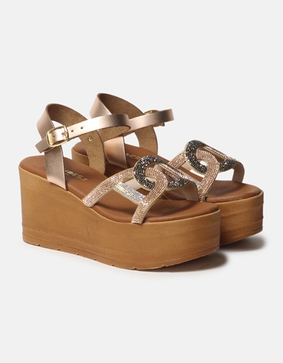 Εικόνα της Δερμάτινες πλατφόρμες Ελληνικής κατασκευής με μπαρέτα strass Χαλκός