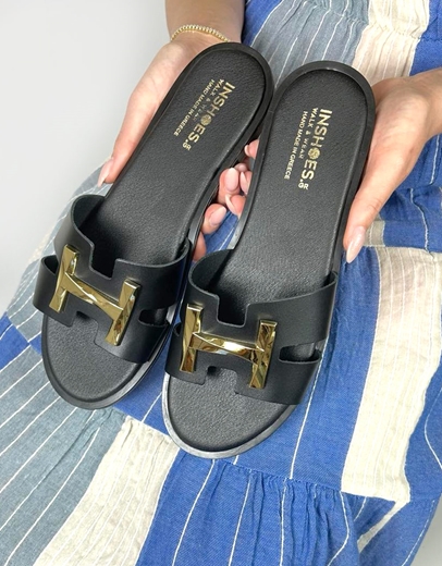 Εικόνα της Δερμάτινα σανδάλια Ελληνικής κατασκευής με μεταλλική αγκράφα Μαύρο