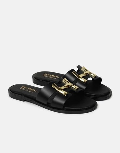 Εικόνα της Δερμάτινα σανδάλια Ελληνικής κατασκευής με μεταλλική αγκράφα Μαύρο