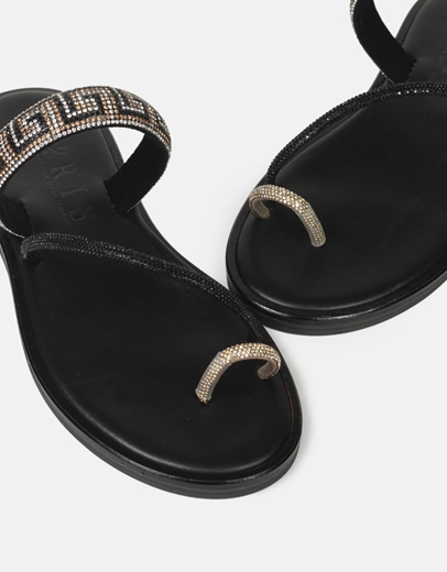 Εικόνα της Δερμάτινα flat σανδάλια Ελληνικής Κατασκευής με μοτίβο μαιάνδρου Μαύρο
