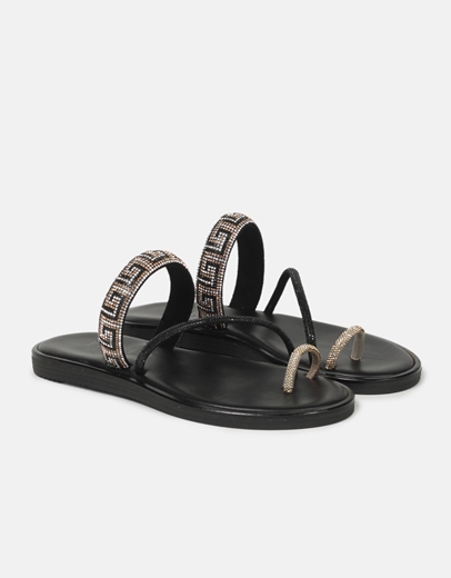 Εικόνα της Δερμάτινα flat σανδάλια Ελληνικής Κατασκευής με μοτίβο μαιάνδρου Μαύρο