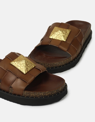 Εικόνα της Δερμάτινα σανδάλια Ελληνικής κατασκευής με σχέδιο πλέξης και αγκράφα Ταμπά